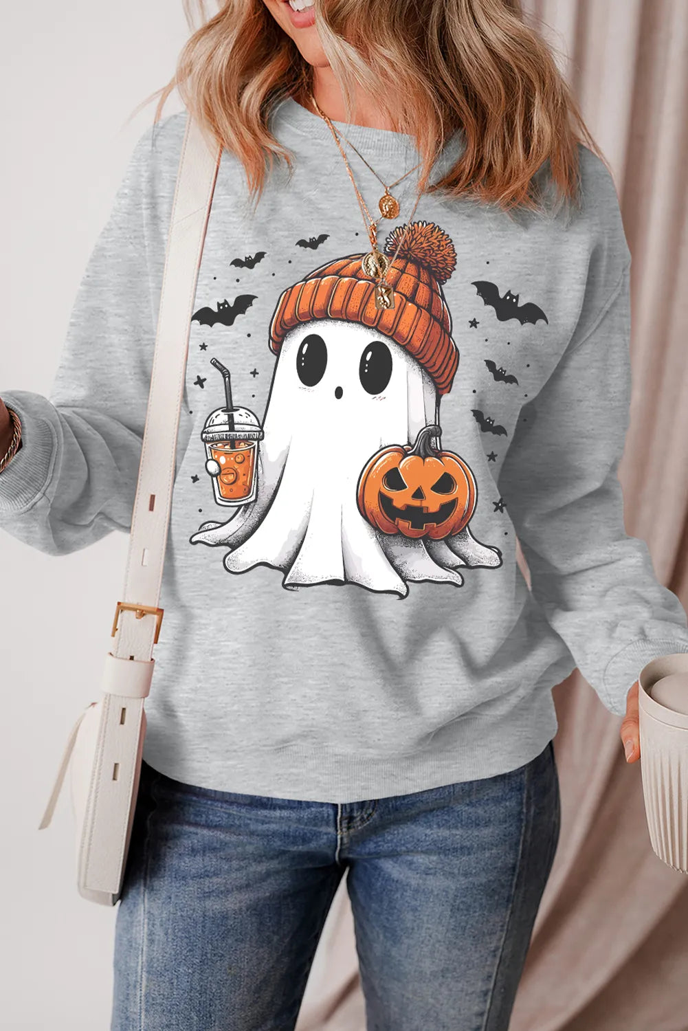 Basic White Ghost Round Neck Long Sleeve Sweatshirt