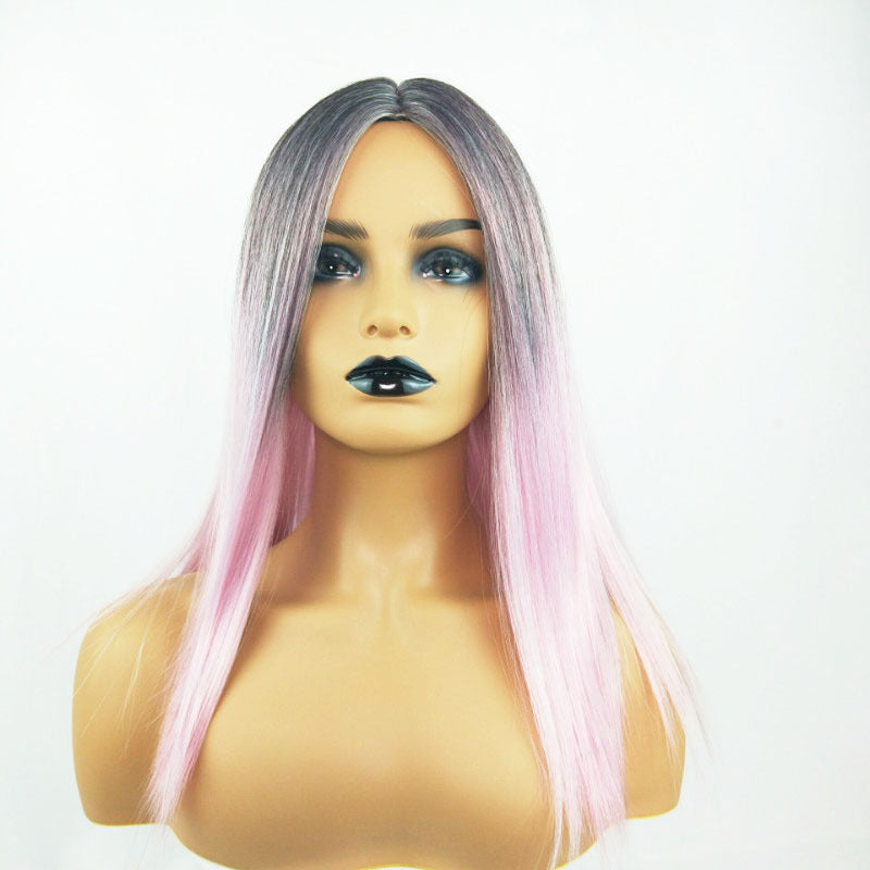 Long Straight Black Gradient LightPink Wig Headgear