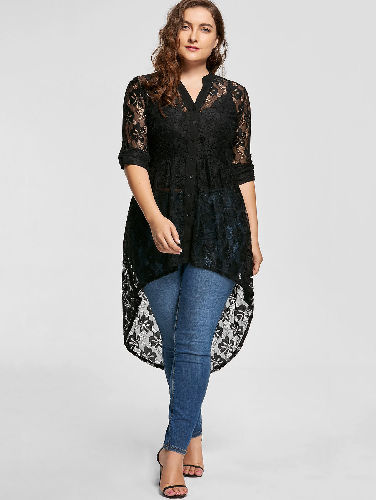 Long Sleeve Button Down Lace High Low Irregular Length Plus Size Blouse