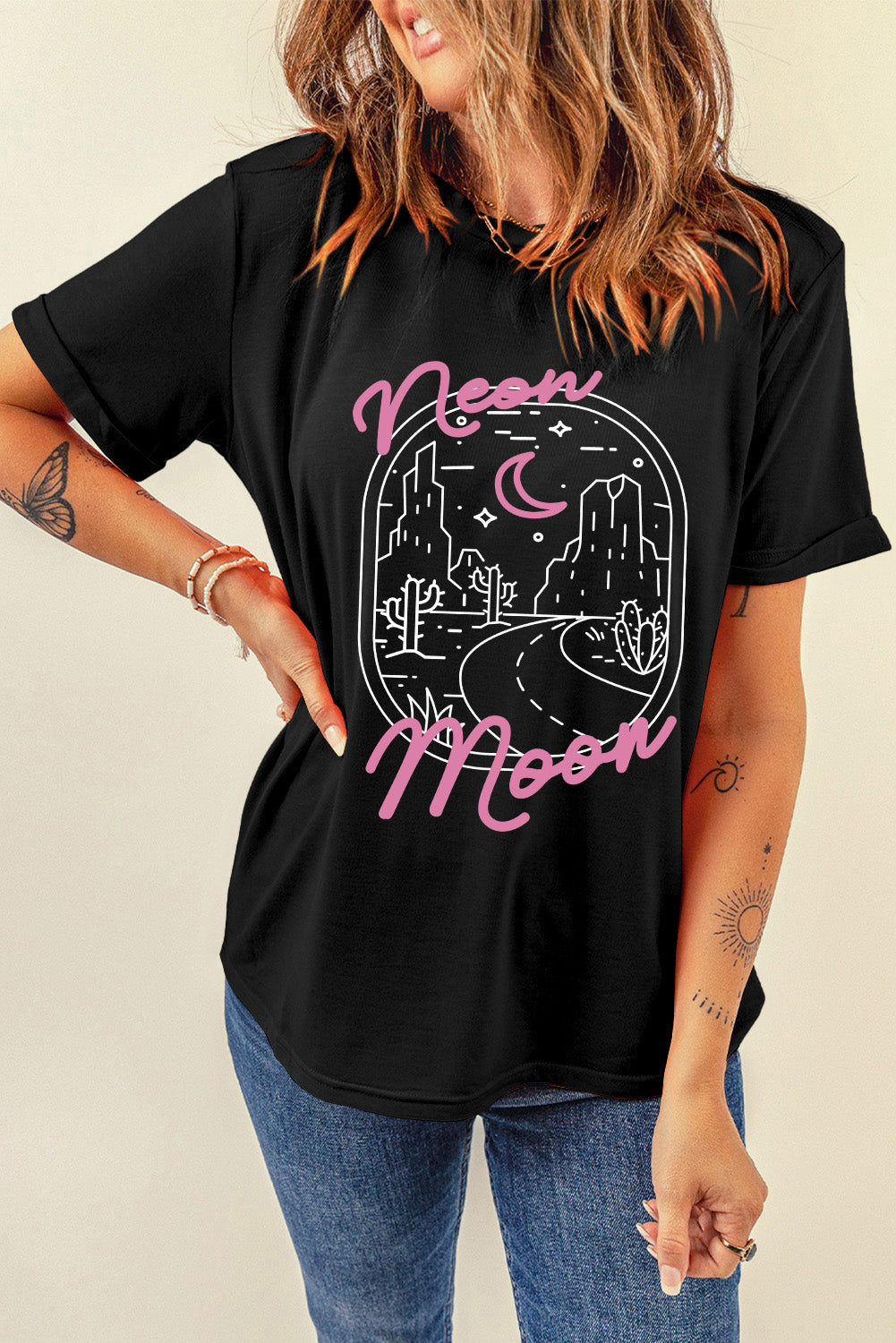 Neon Moon Graphic Round Neck Short Sleeve T-Shirt