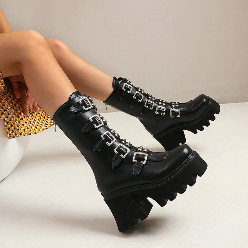 Punk Style Front Buckle Detail Regular Platform Women's Boots