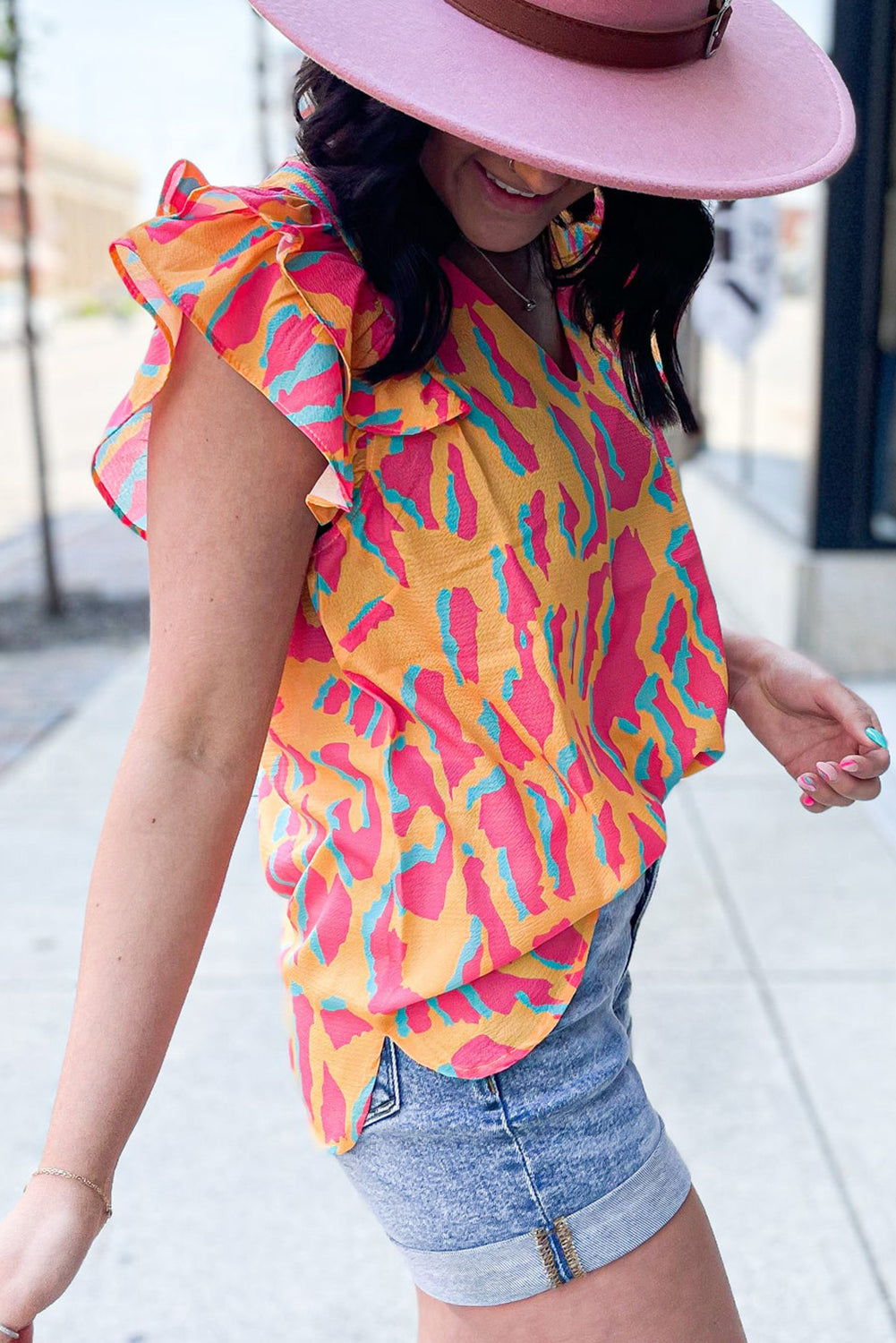 Orange Colorblock Abstract Print V Neck Ruffled Sleeve Blouse