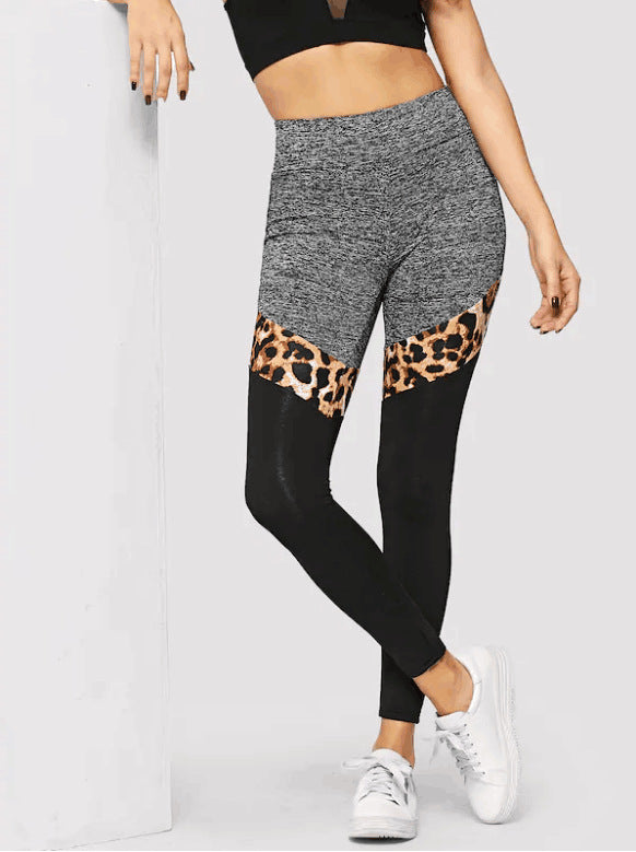 Grey And Black Plus Leopard Print Exposed Stitching Polyester Fiber Leggings