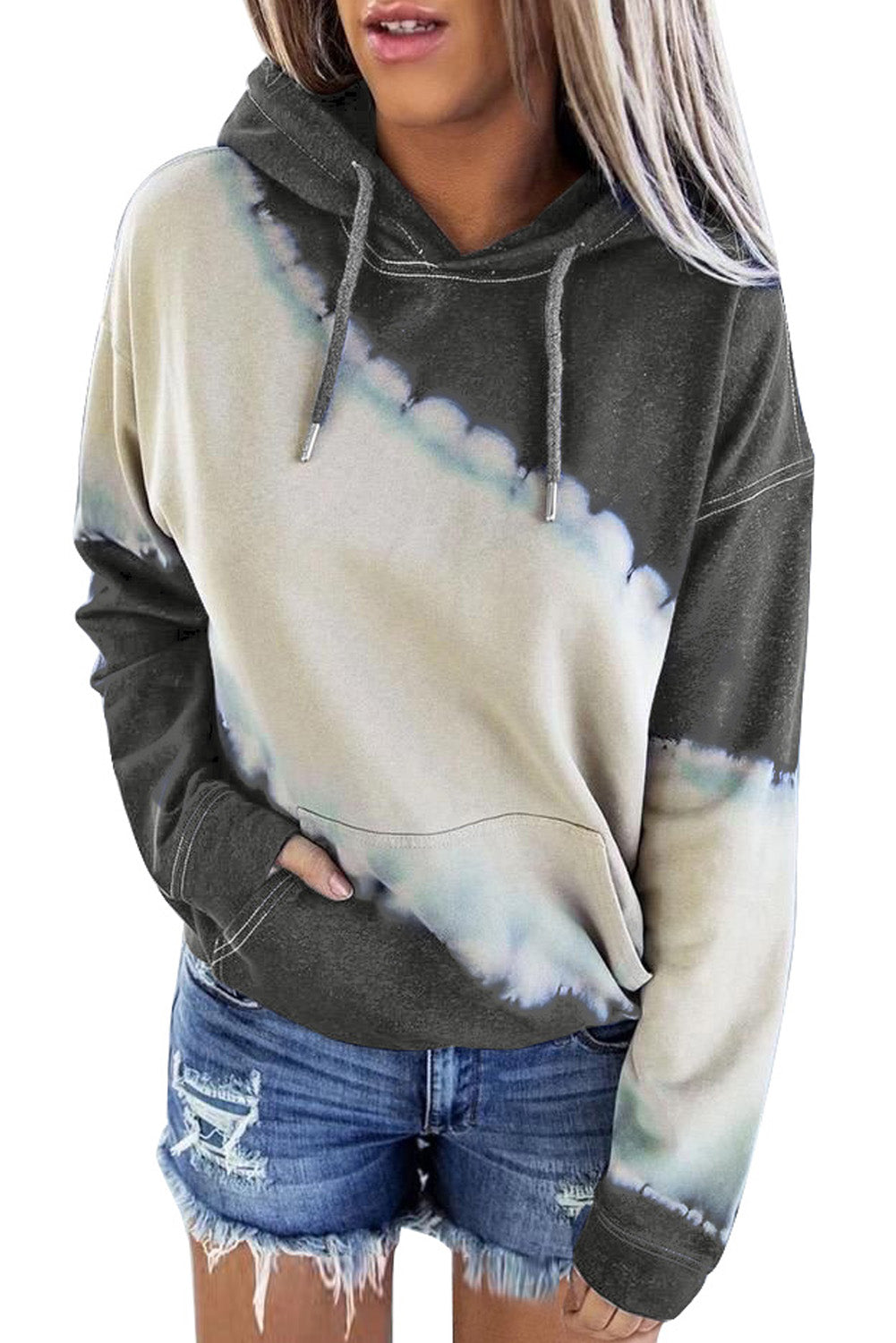 Wholesale Grey Tie Dye Print Kangaroo Pocket Hoodie