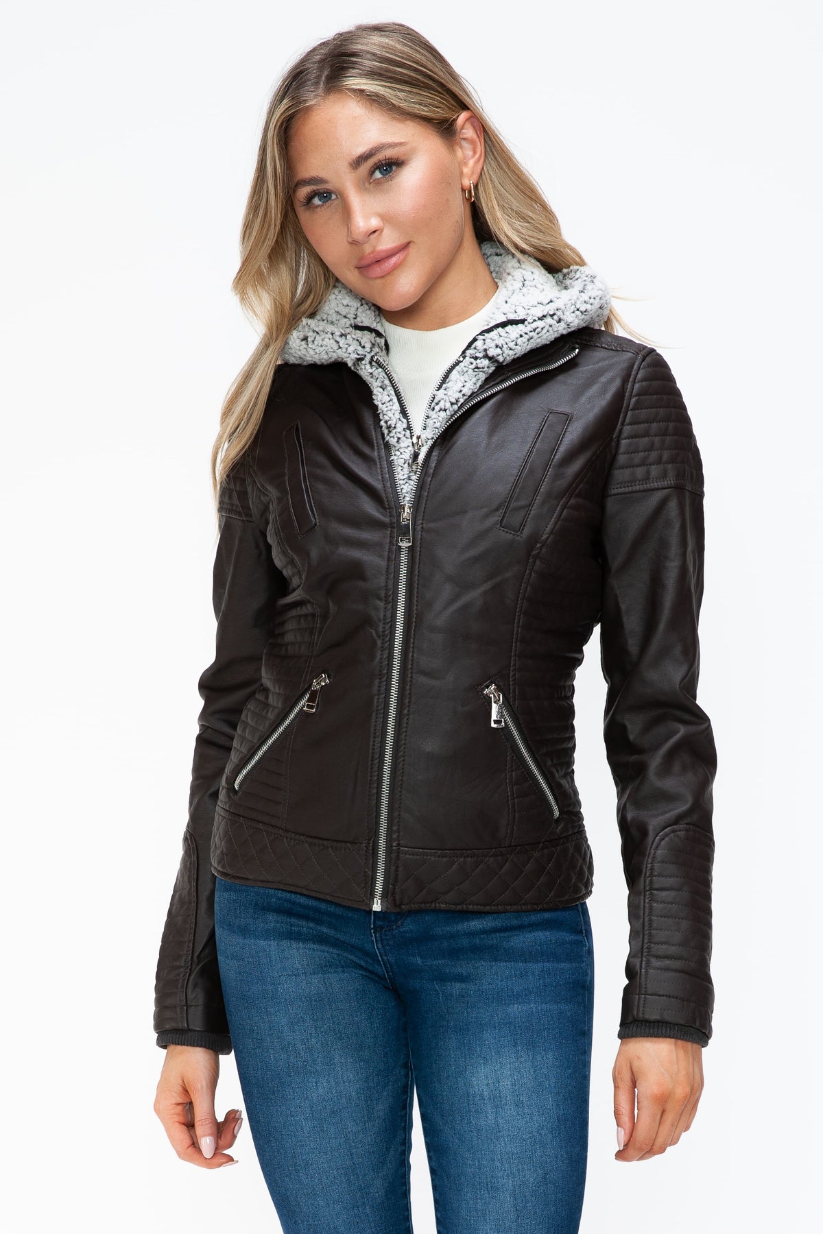 YMI Faux Layered Double-Zipper Jacket with Fuzzy Hood