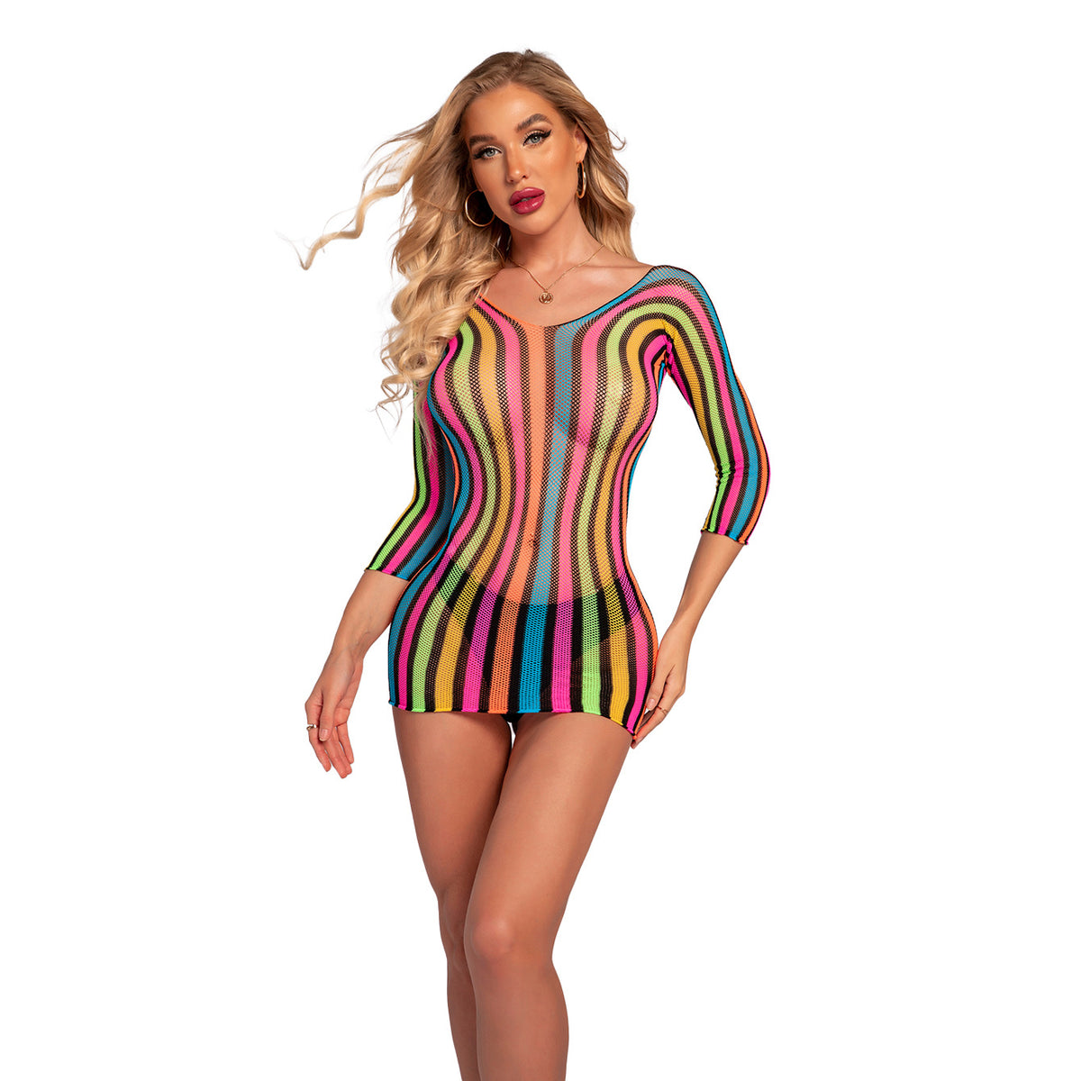 Rainbow Fishnet Mesh Summer Beach Cover Up Sheer Mini Dress