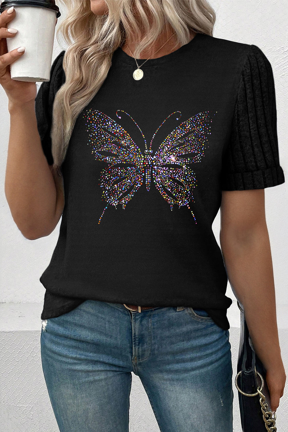 Wholesale Black Butterfly Graphic Round Neck T Shirt