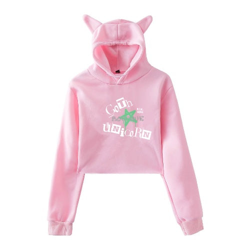 Goth Unicorn Green Logo Cat Ear Cropped Pullover Hoodie