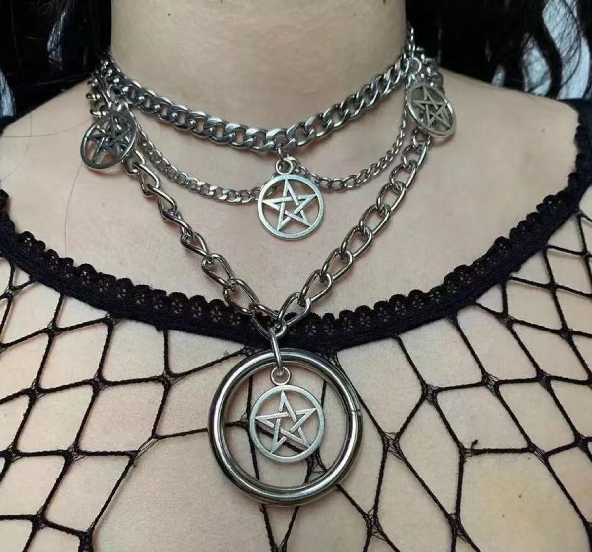 Punk Pentagram Stacked and Layered Chain Necklace