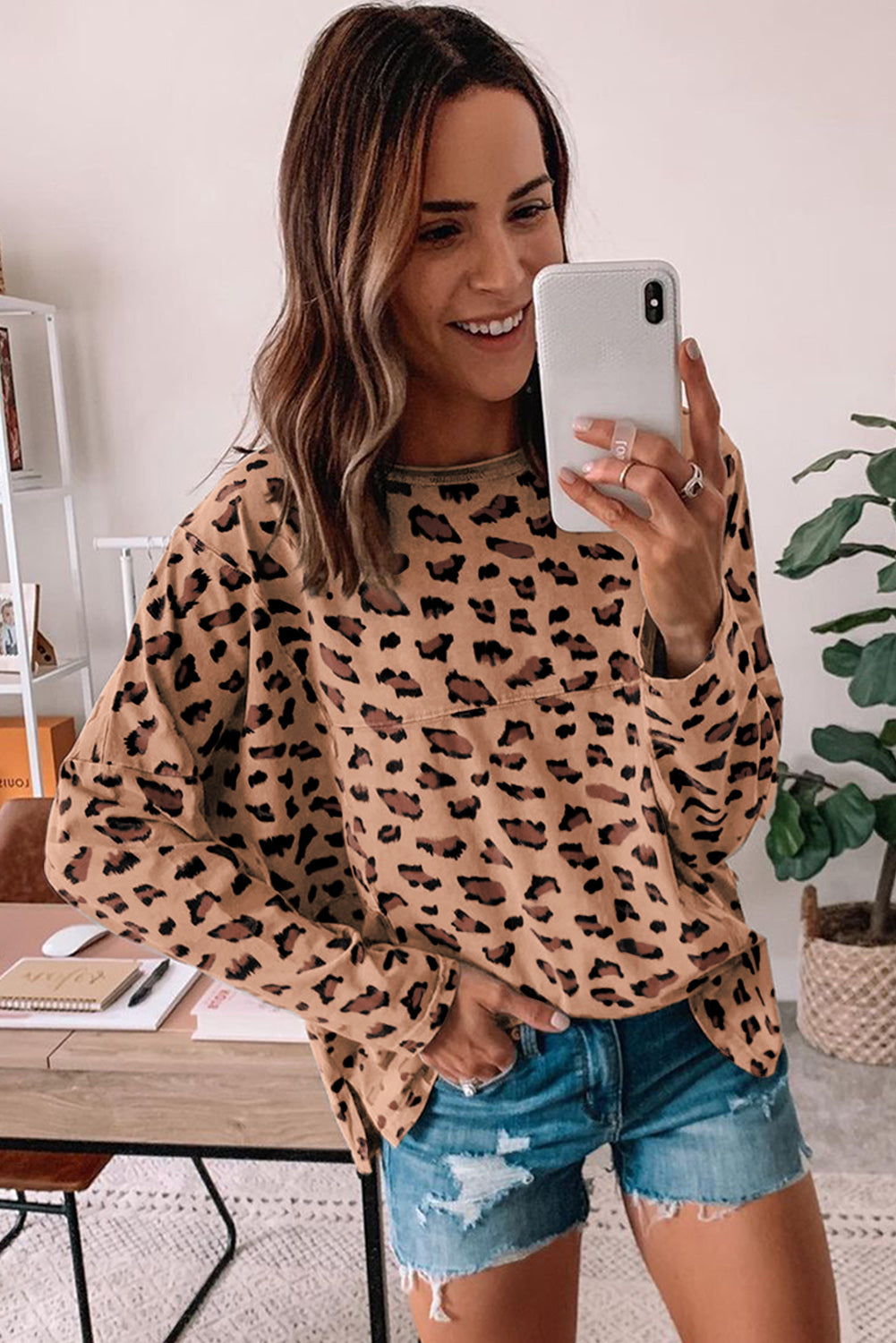 Pink Leopard Stitching Loose Long Sleeve Top