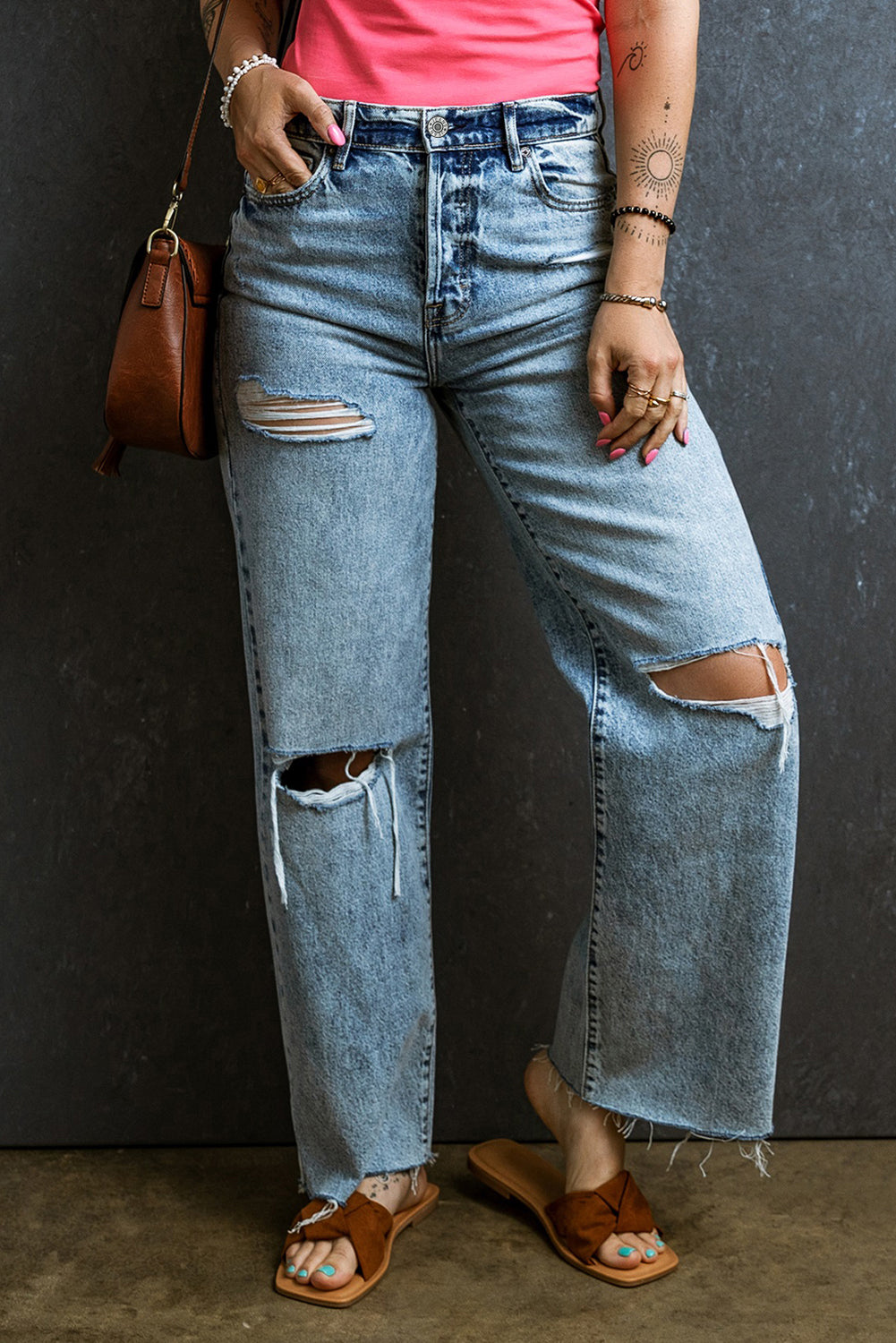 Light Blue Distressed Ripped Raw Hem Straight Leg Jeans