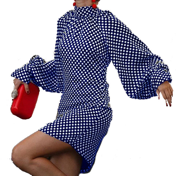 High Collar Polka-dot Print Dresses For Spring And Autumn