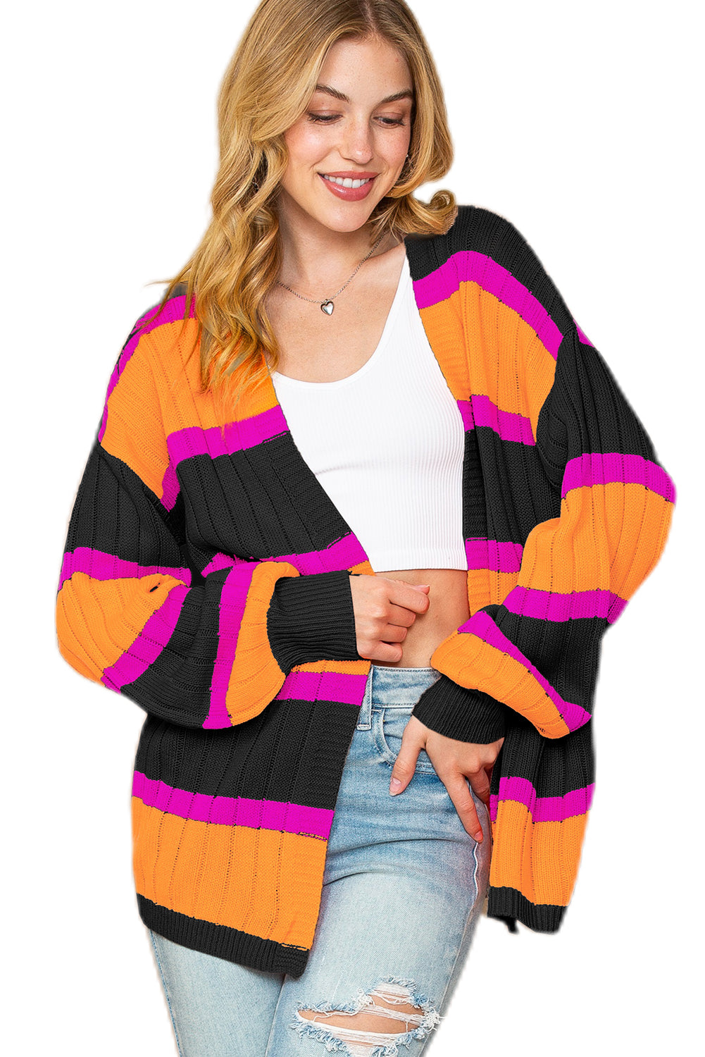 Black Stripe Print Ribbed Knit Sweater Cardigan