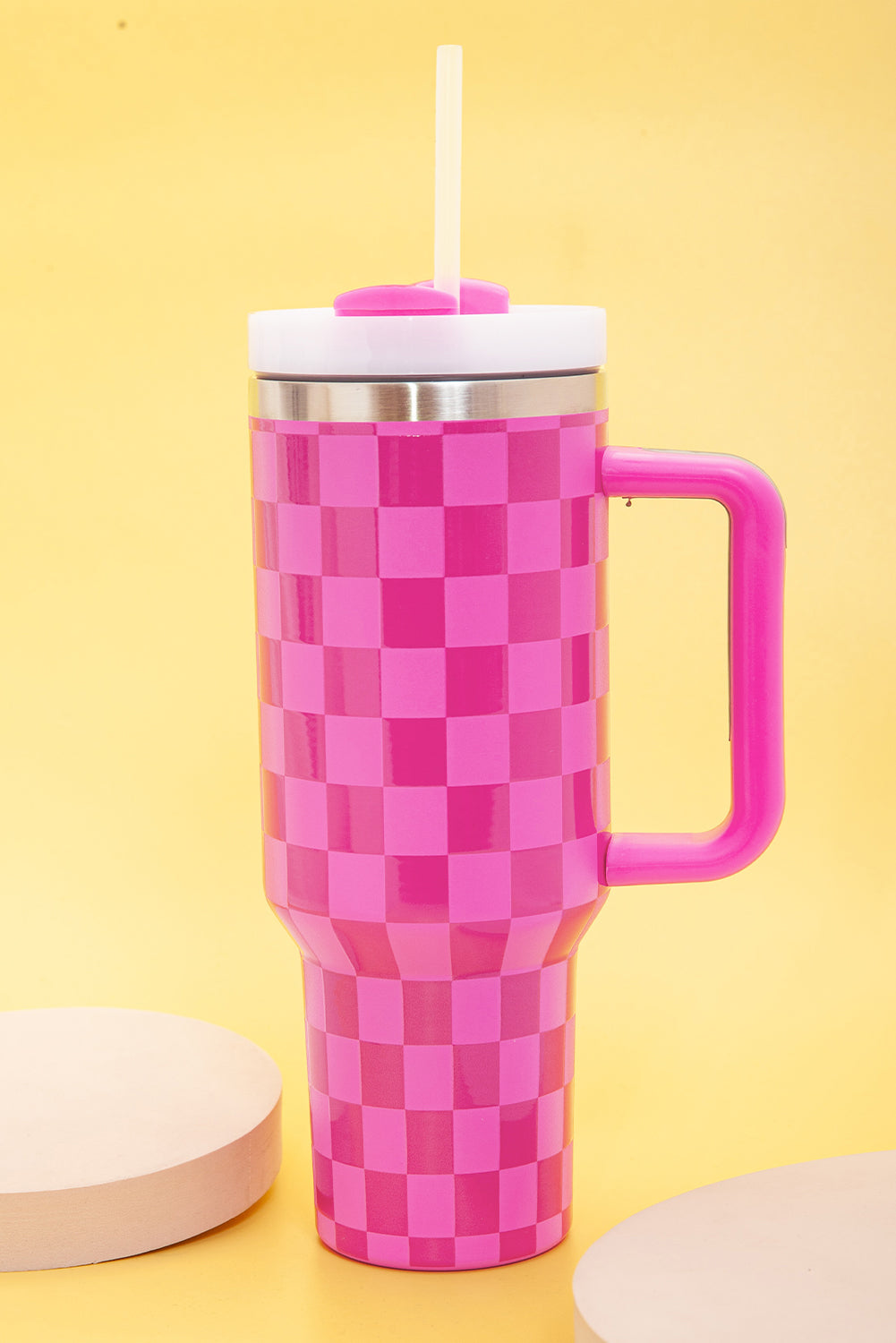 Black Pink Checkered Print Handled Stainless Steel Tumbler Cup