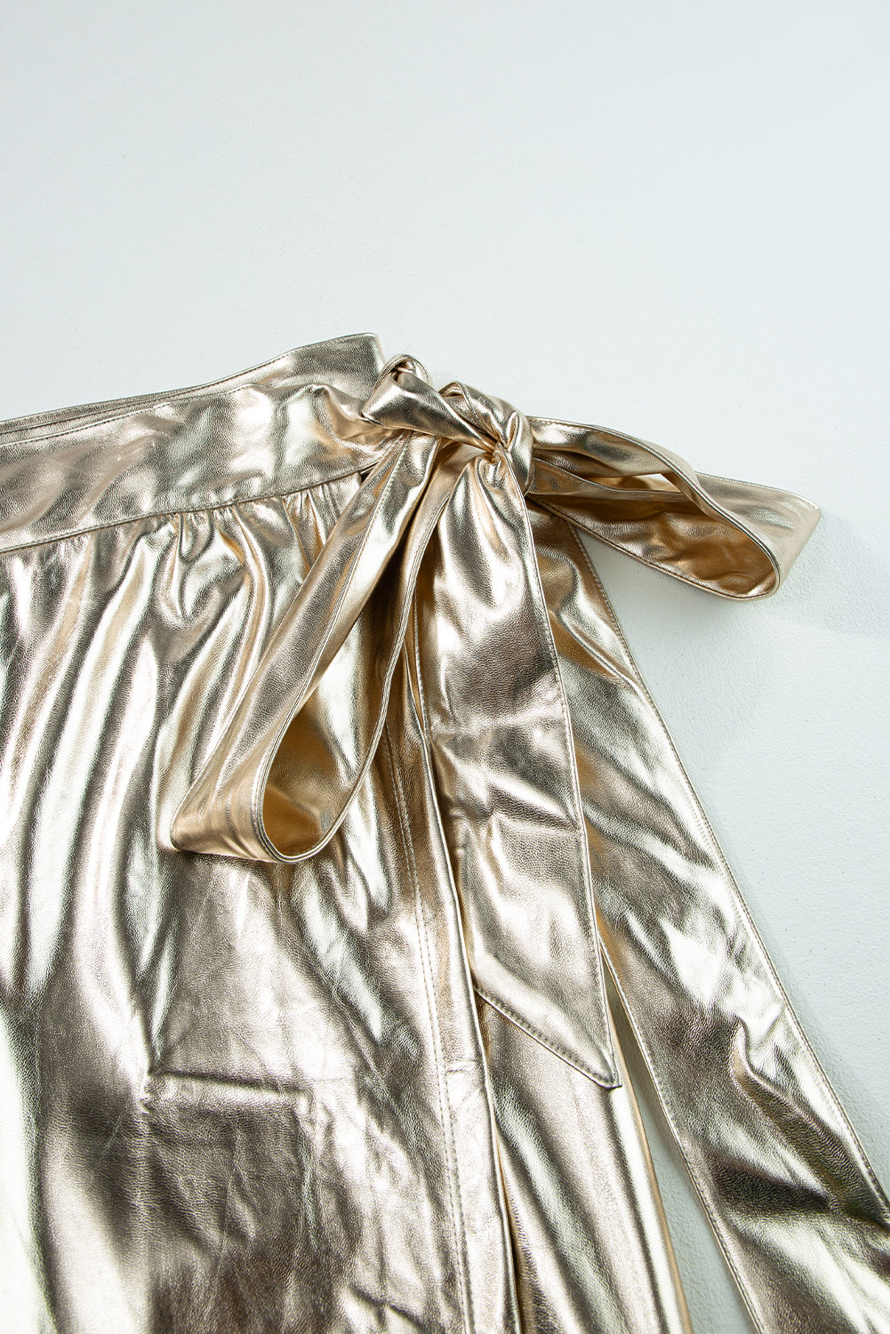 Gold Metallic Leather Knotted Wrap Midi Skirt | Women’s Fashion Skirt