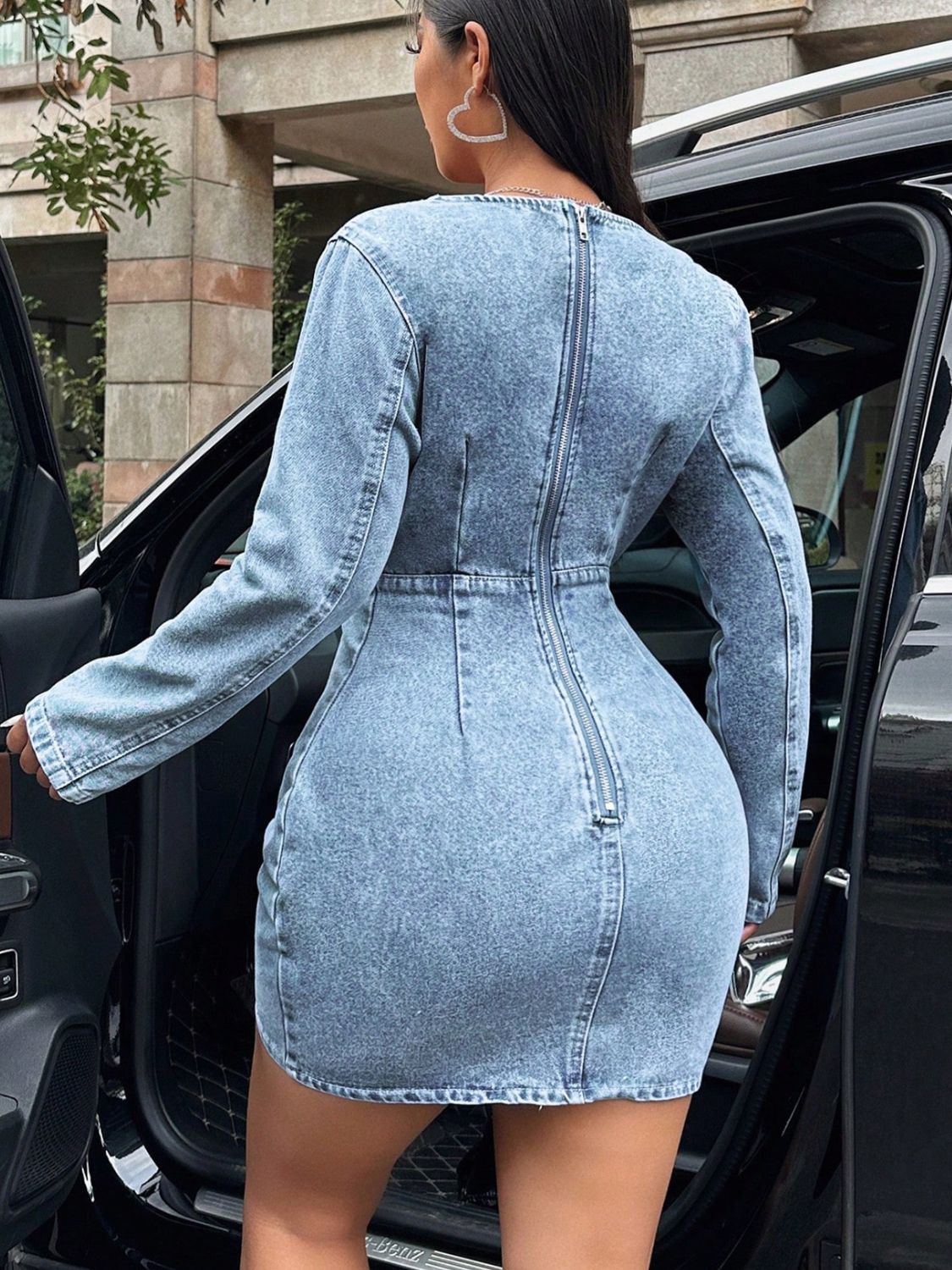 Surplice Long Sleeve Denim Dress