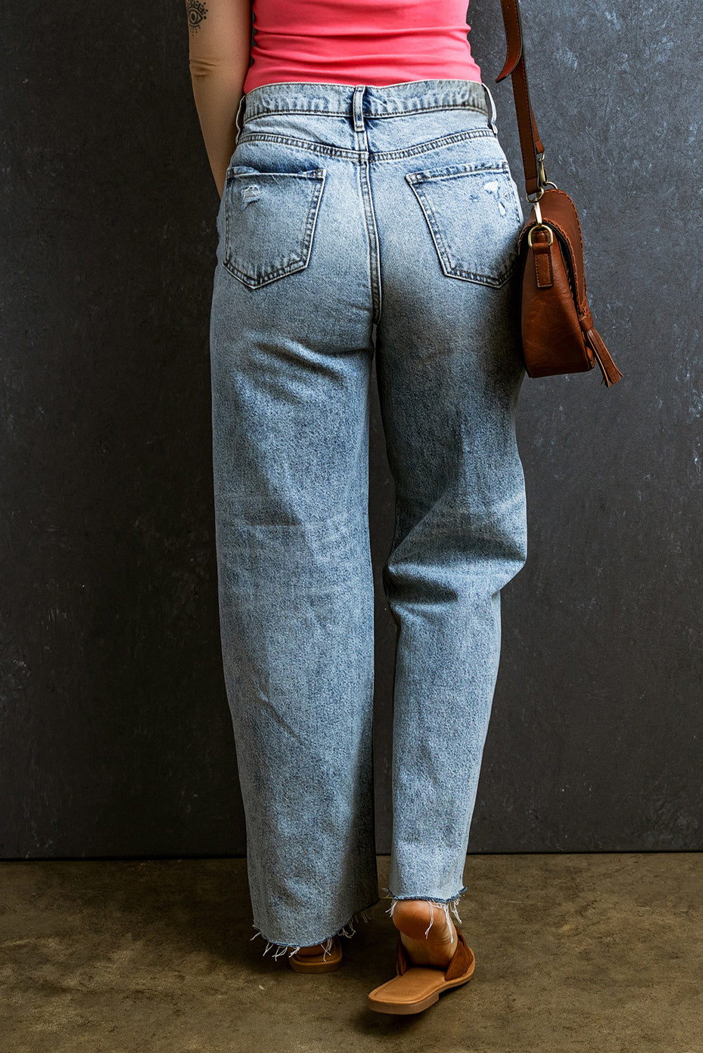 Light Blue Distressed Ripped Raw Hem Straight Jeans