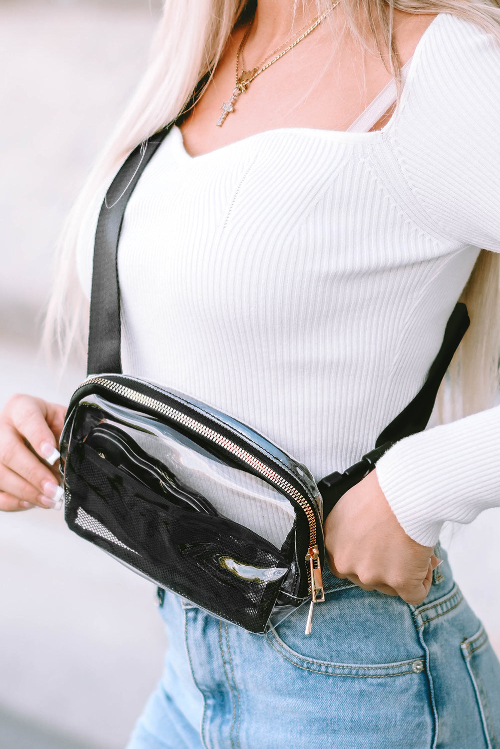 Dark Grey Adjustable Straps Zipper Clear Waist Bag