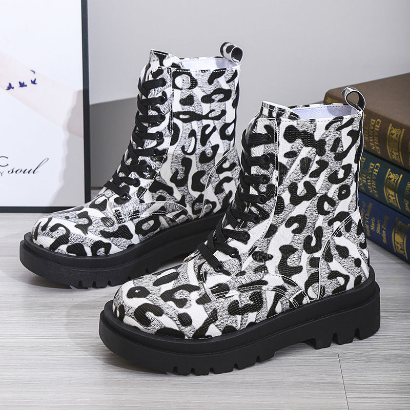 Women’s Black White Leopard Print Low Heel Boots