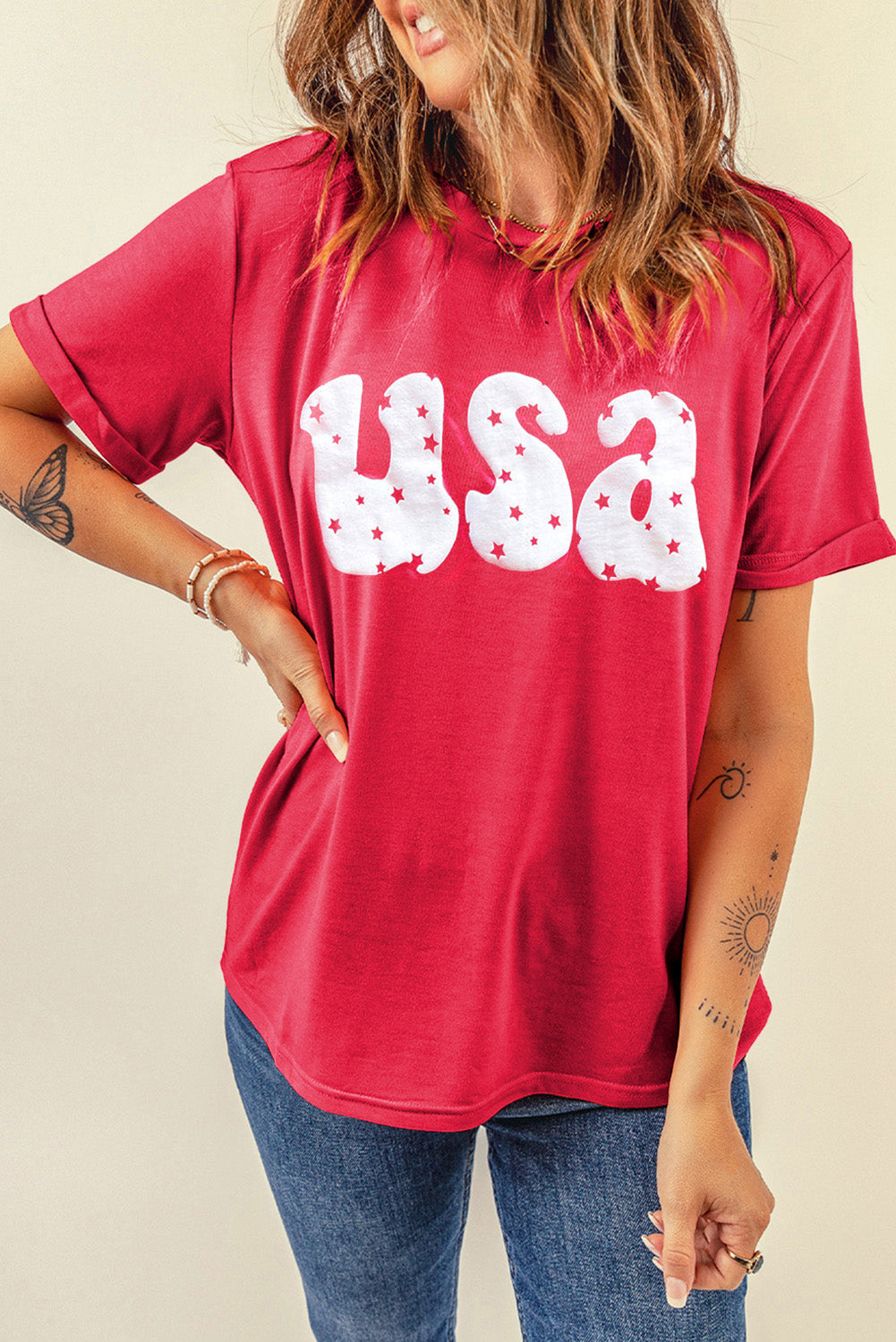 Red Casual USA Stars Graphic Round Neck Roll Up Sleeve Tee