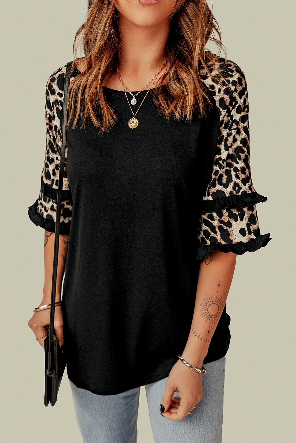 Black Casual Ruffled Leopard Sleeve Patchwork T-Shirt