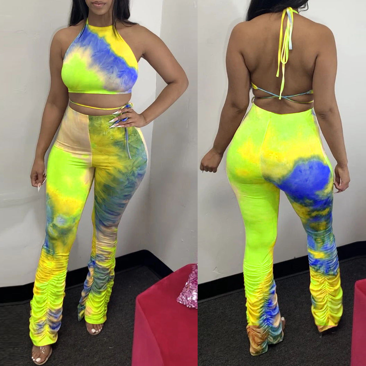 Two-piece Thin Fabric Tie Dye Print Crop Top And Rouched bottom Leggings Two Piece Outfit Set