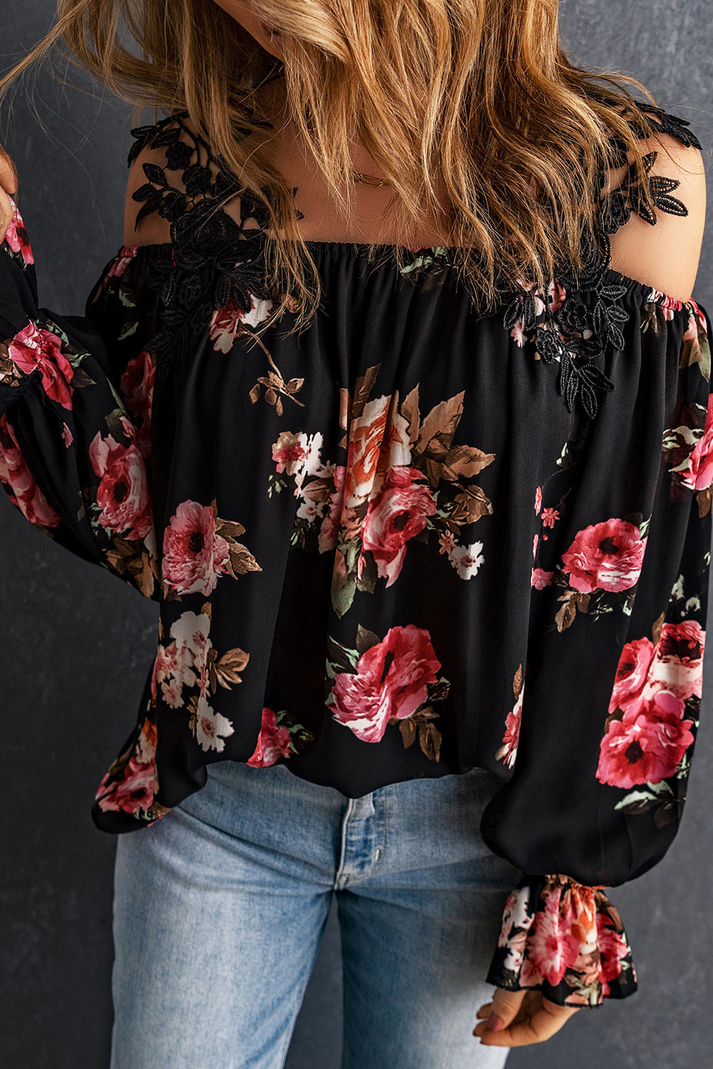 Black Floral Print Lace Patchwork Loose Off Shoulder Blouse