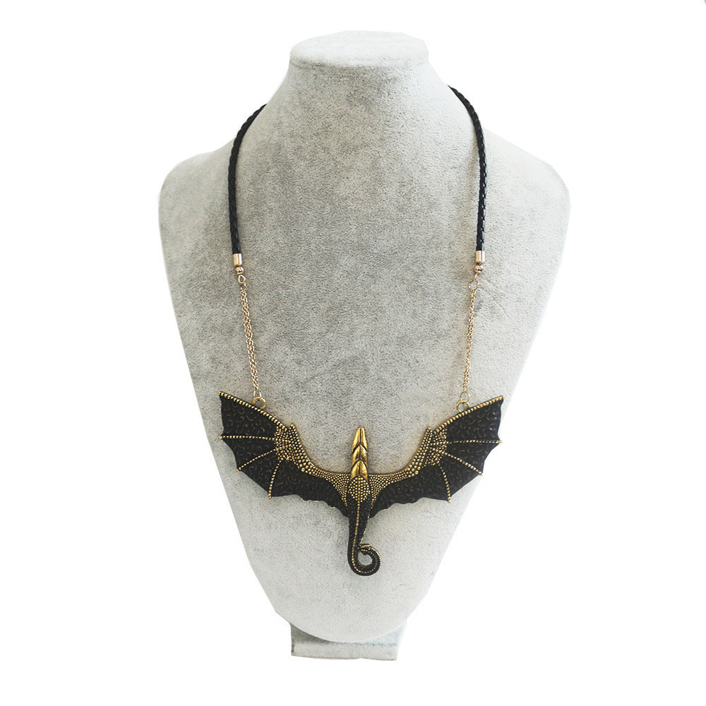 Fashion Rock Pterosaur Ancient Gold Alloy Pendant Halloween Leather Rope Bat Statement Necklace