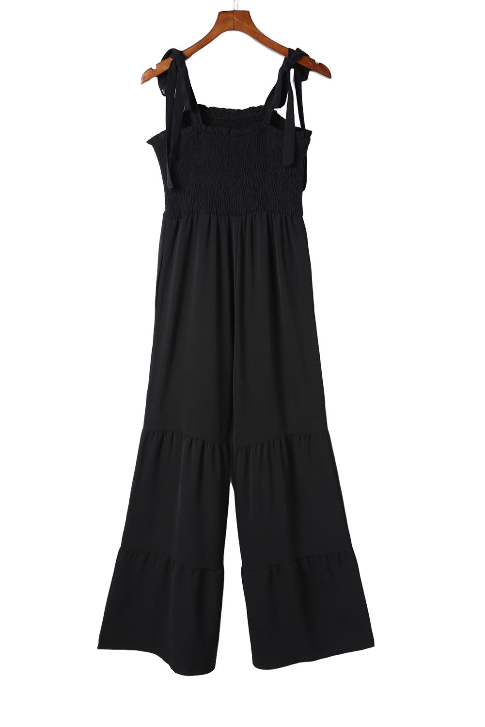 Apricot Tie Straps Shirred Casual Tiered Wide Leg Jumpsuit