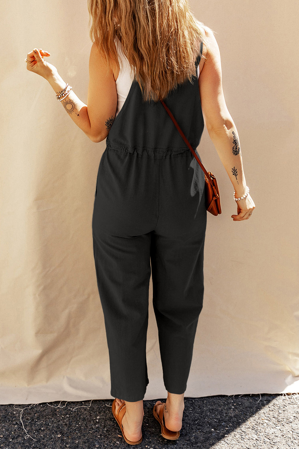 Black Drawstring Buttoned Straps Cropped Overalls - Stylish and Comfortable Women's Jumpsuit