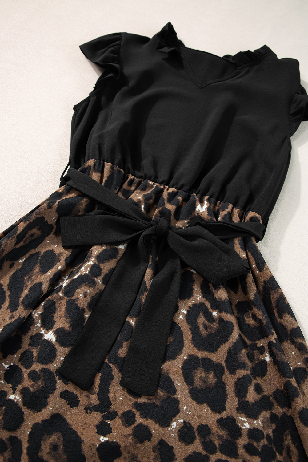 Black Flutter Sleeve Bodice Splicing Leopard Print Dress