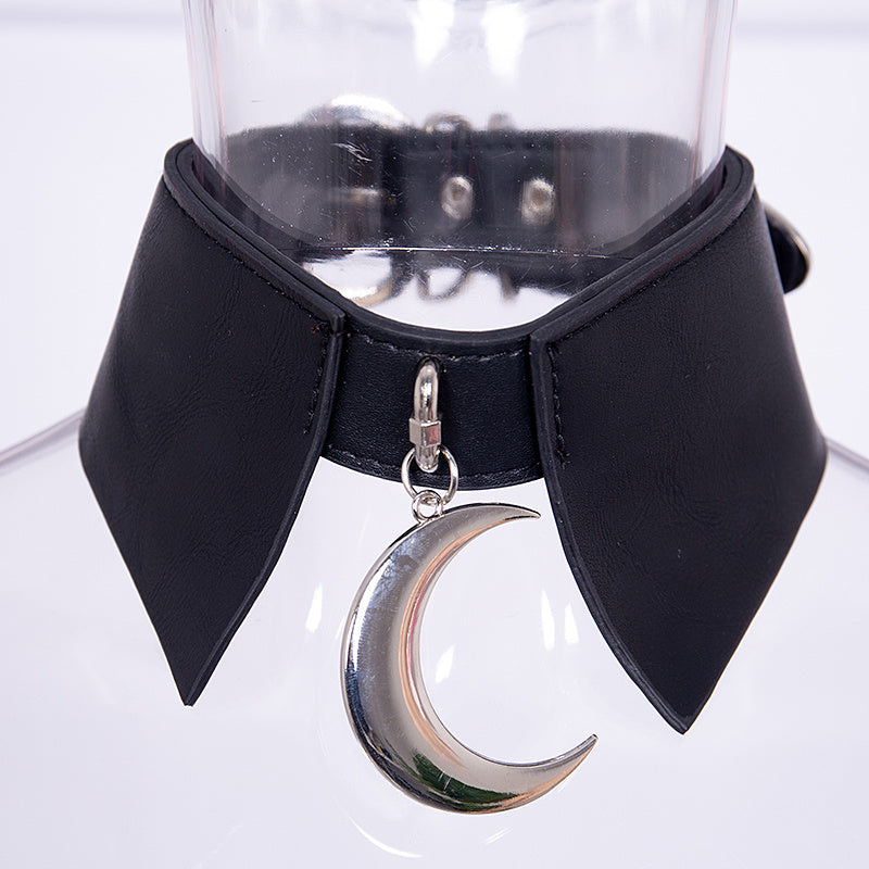 Punk Rock Leather Collar Choker Crescent Moon Pendant Necklace