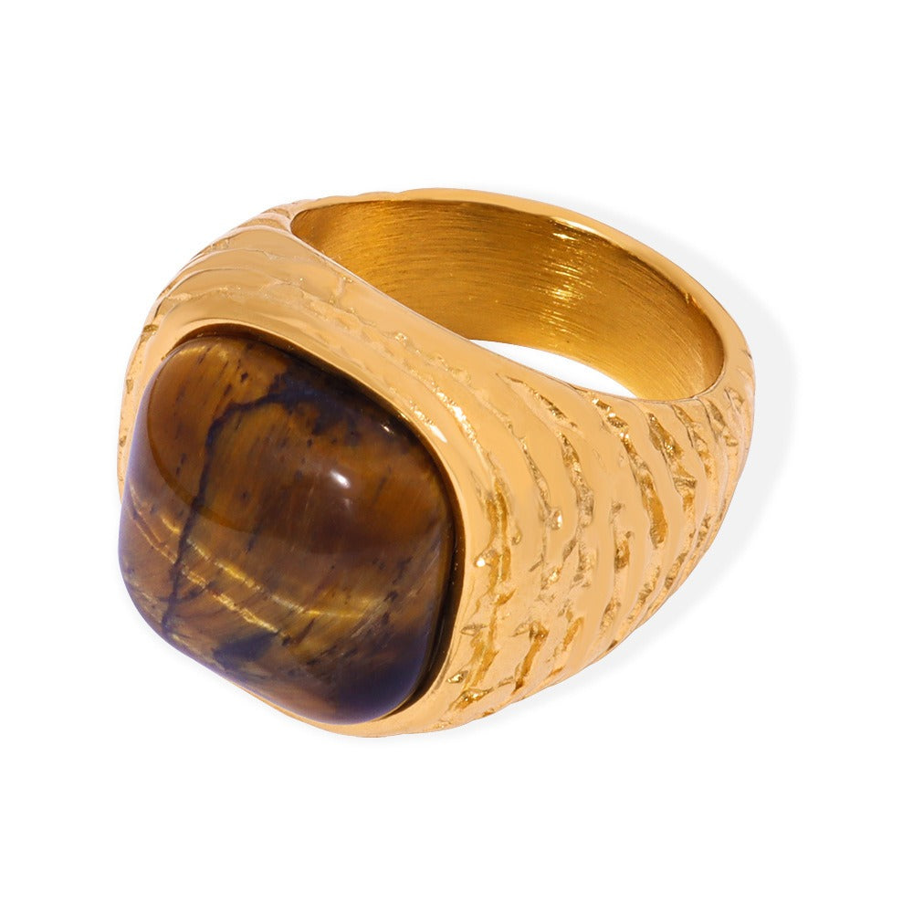 18K gold light luxury vintage braided pattern inlaid natural stone versatile ring