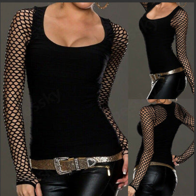 Punk Rock Style Long Sleeved Fishnet Sleeve Slim Fit Top