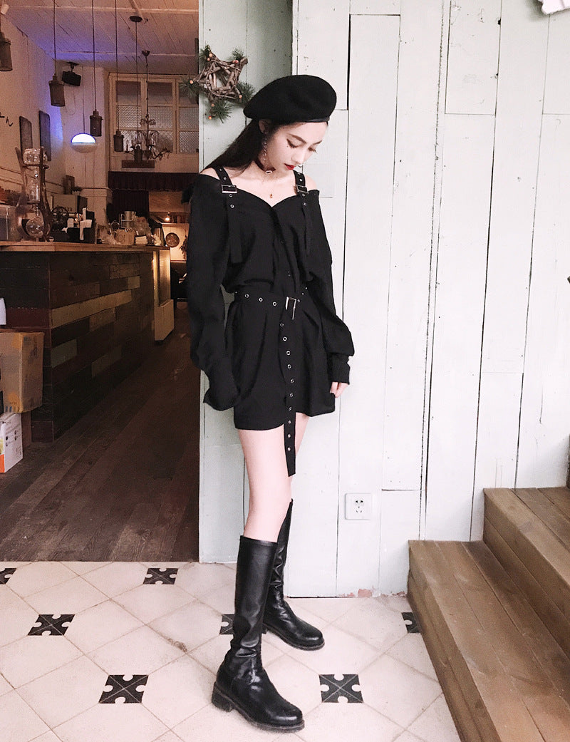 Gothic Buckle Belt Off The Shoulder Shirt Dress