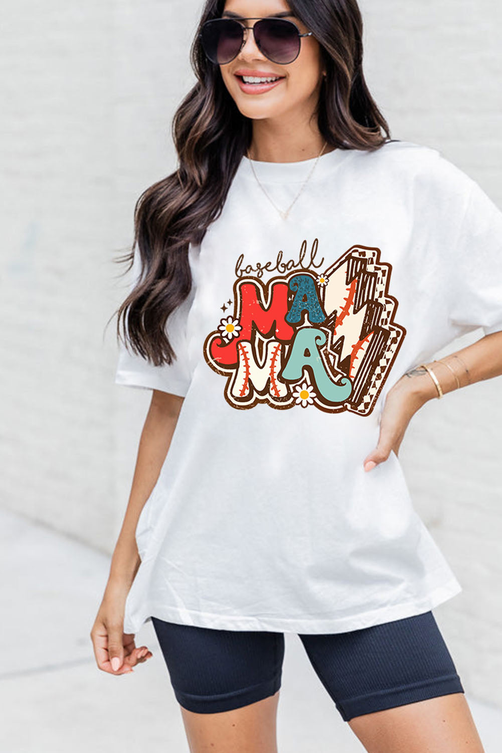 White MAMA Baseball Lightning Graphic Round Neck Tee