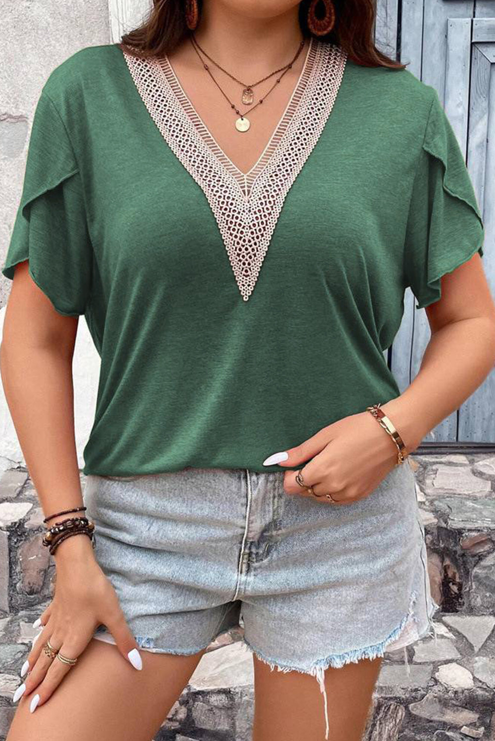 Blackish Green Plus Size Contrast V Neck Draped Sleeve Blouse