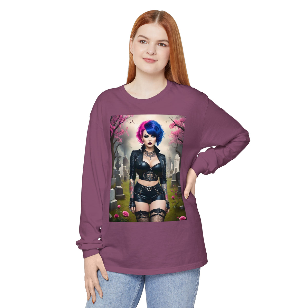 Goth Graveyard Girl Series - Design Thirteen - Unisex Garment-dyed Long Sleeve T-Shirt