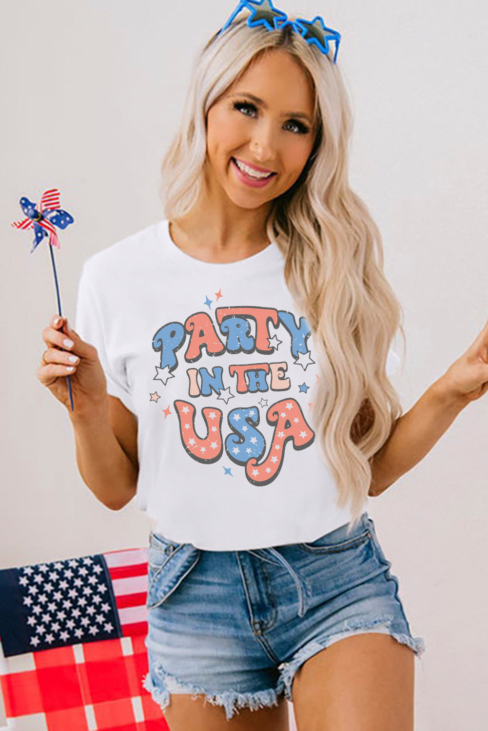 White PARTY IN THE USA Letter Print Star Graphic Tee