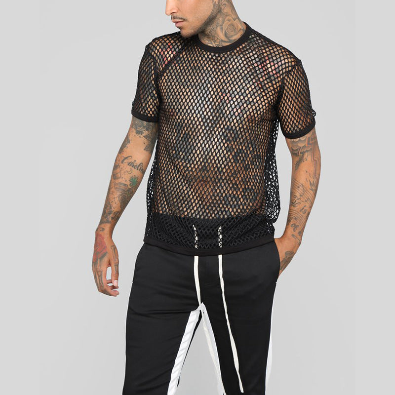 Mesh Round Neck Pullover Fishnet Shirt Hollow Short-sleeved T-shirt