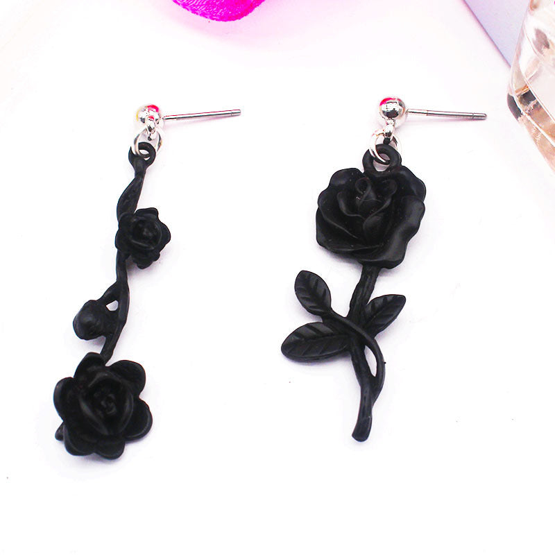 Dark Gothic Style Black Wild Rose Stud Earrings