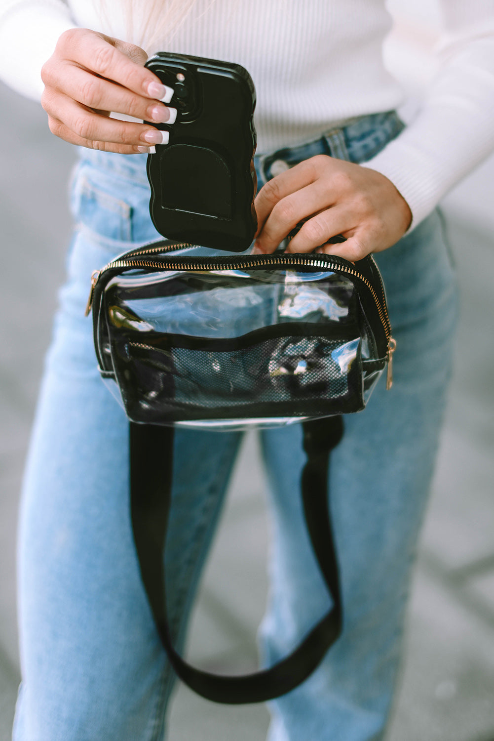 Dark Grey Adjustable Straps Zipper Clear Waist Bag