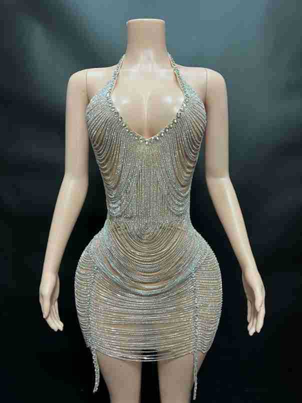 Sequin Rhinestone Draped Front Sexy Nightclub Festival Fashion Mini Dress