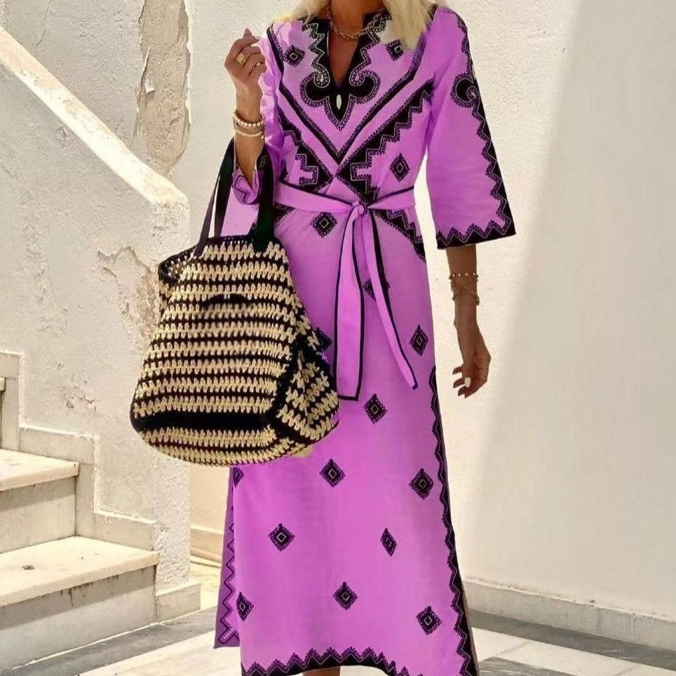 Diamond Shaped Print Belted Linen Bohemian Maxi Dress