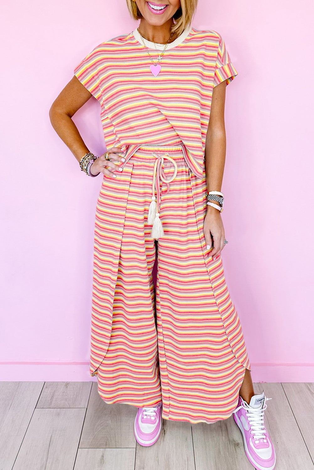 Black Stripe Rainbow Tee and Tassel Drawstring Wide Leg Pants Set