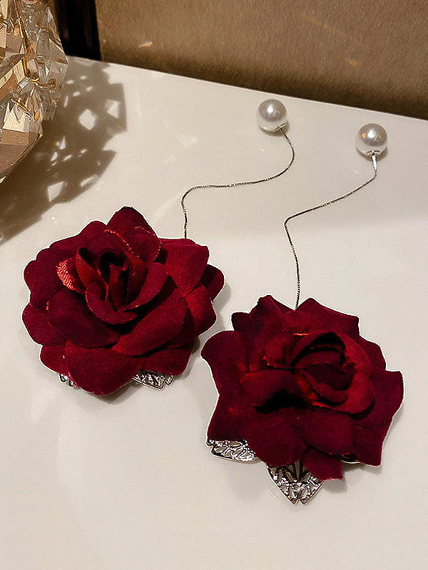 Vintage Elegance Red Rose Floral Pearl Drop Earrings