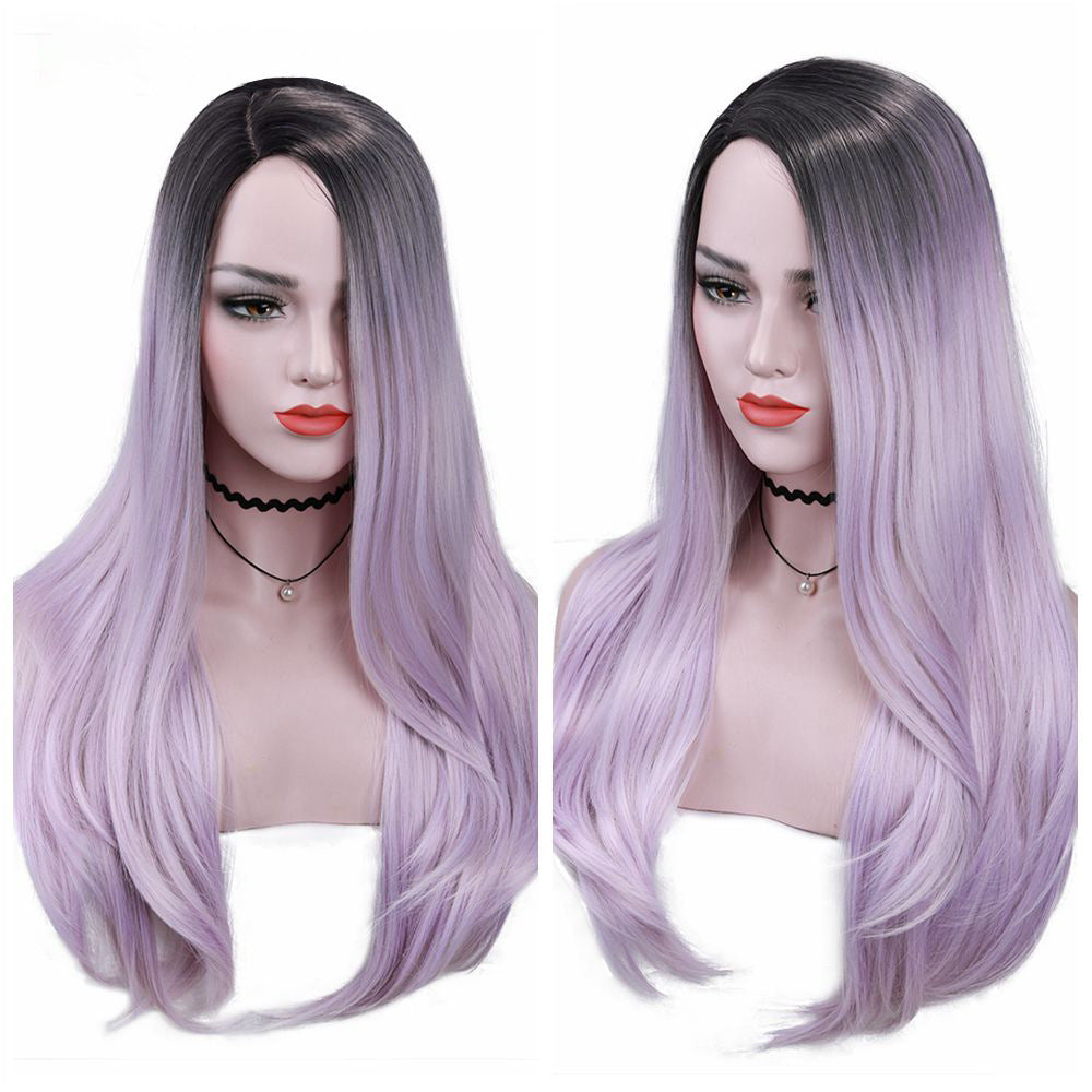 Long Straight Brown Root to Lavender Gradient Cosplay Wig