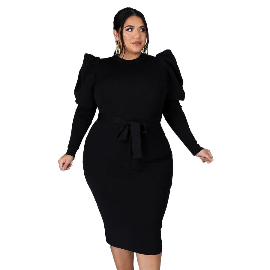 Women's Slim Fit Plus Size Puff Sleeve Tie Waist Midi Length Bodycon Dress