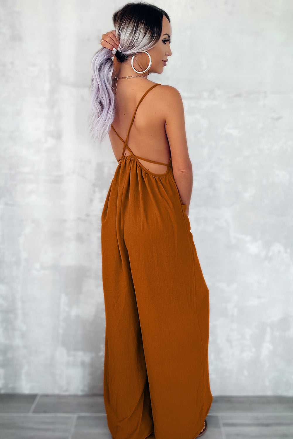 Apricot Spaghetti Straps Waist Tie Wide Leg Jumpsuit with Pockets