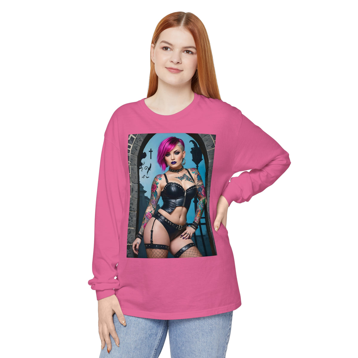 Goth Graveyard Girl Series - Design Six - Unisex Garment-dyed Long Sleeve T-Shirt